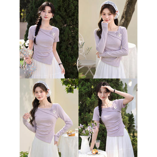 鹿向南「花间信笺」不规则紫色短袖T恤女夏新款法式斜肩显瘦上衣 商品图4