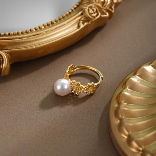 子佩集【花开馨随】银S925珍珠AOYA奥雅戒指【HJYJZ007】8mm珠镀金花朵2512 商品图1