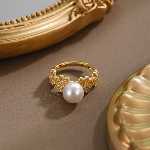 子佩集【花开馨随】银S925珍珠AOYA奥雅戒指【HJYJZ007】8mm珠镀金花朵2512 商品图0