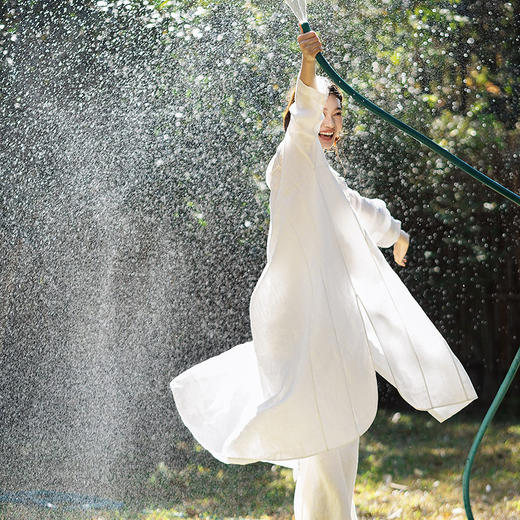 绽放088朵/仙女长衬衣*苎麻衬衫女设计感拼接碎褶开襟长袖连衣裙 商品图2