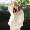 特绽放097朵/蓝天白云*21支纯亚麻木耳边v领一手长碎褶长袖衬衫女 商品缩略图0