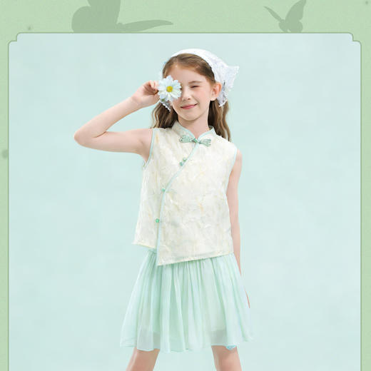 笛莎/Deesha 观山见2026年夏季新款童装女童国风套装无袖T恤+半身裙 商品图0