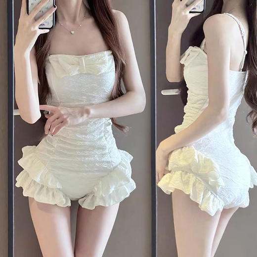 【抹胸蝴蝶结❗️褶皱荷叶边泳衣】纯欲氛围感拉满，显瘦遮肉又显身材，连体泳衣显身材，辣妹木耳边韩版ins风海边度假温泉L 商品图1