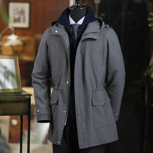 春季新款男士强捻羊毛防泼水连帽风衣 商品图2
