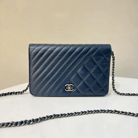 Chanel woc 蓝银 V纹拼格纹 油蜡牛皮 链条包