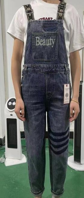 （仓发）1H MZ拼接字母织带牛仔背带裤30201（蓝A）DT149春季390581000028