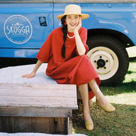 绽放093朵/汉麻棉工装廓感圆领七分袖连衣裙宽松直筒显瘦中袖长裙 商品图0