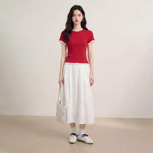 西遇轻奢小众2026春夏新款木耳边拼接修身显瘦女气质上衣短袖T恤H0060196 商品图1