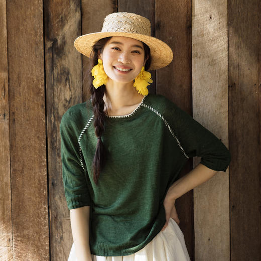 特绽133朵/描边T*夏新款亚麻宽松撞色设计插肩中袖针织短袖T恤女 商品图1