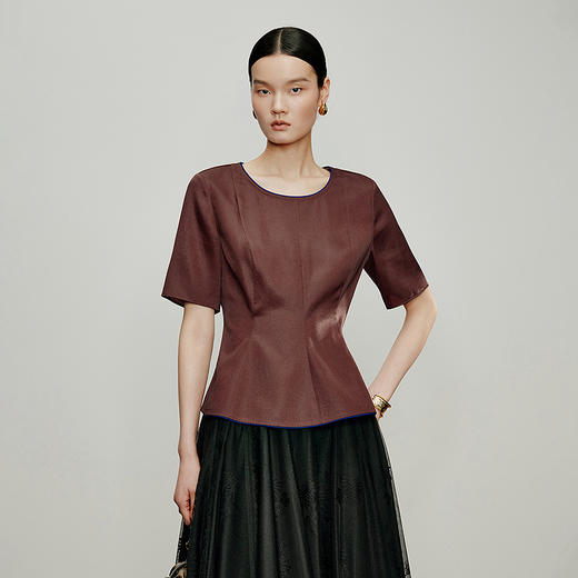 【林栖设计小店】落日霞光|素平缎红云纱荷叶边修身显瘦2026夏新款T恤1962029 商品图1