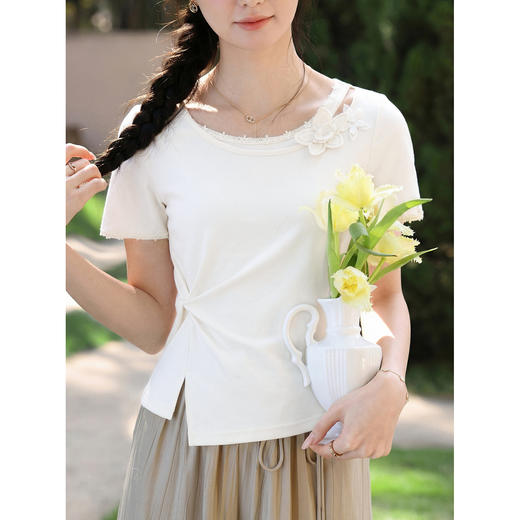 鹿向南「月露织纹」杏色短袖T恤女夏新款时尚百搭设计感显瘦上衣 商品图3