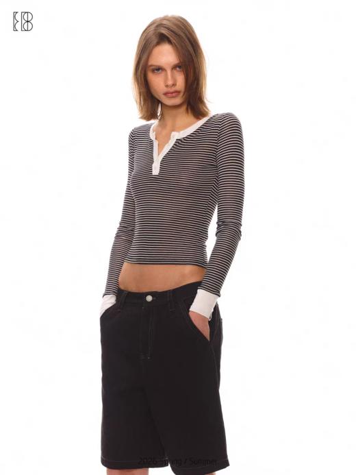 Evistub girls/E-6XCX1933/ 亨利领条纹长袖 天丝羊毛混纺修身正肩打底衫 商品图1