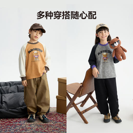 MANHOJIA【蜡染小熊T】儿童长袖T恤复古做旧印花撞色插肩棉T 商品图3