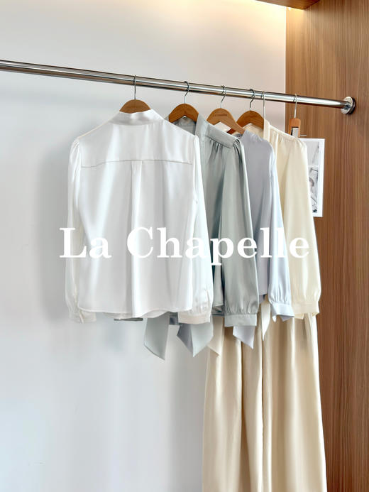 专柜实拍【丝光缎面】拉夏贝尔/La Chapelle气质系带V领绑带排扣长袖衬衫垂顺有型/优雅显瘦/时尚通勤 商品图6