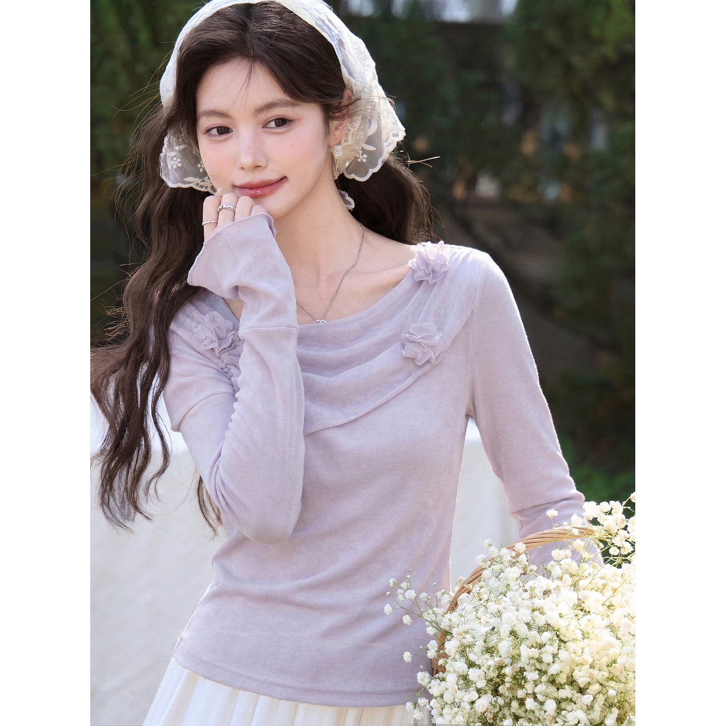 鹿向南「琉璃花海」法式设计感紫色T恤女春小众气质修身短款上衣