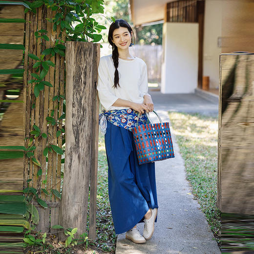 绽放113朵/蓝-艺术家*纯棉色织蓝宽松帅气阔腿裤全腰松紧百搭长裤 商品图2