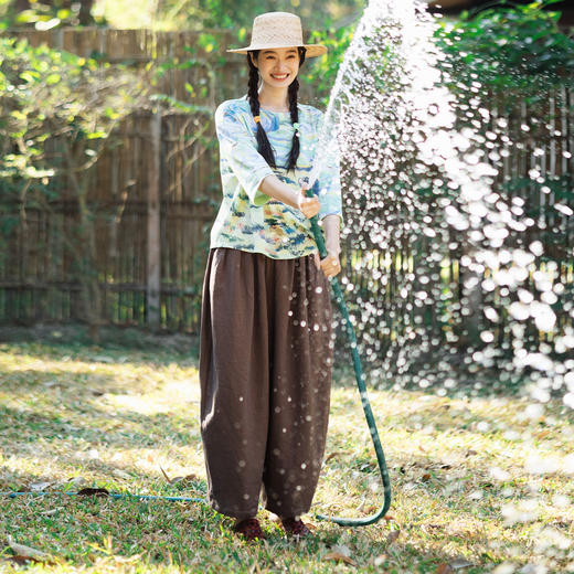 特绽放101朵/旅行的心动*14支纯亚麻宽松压褶阔腿裤弯刀显瘦长裤 商品图1