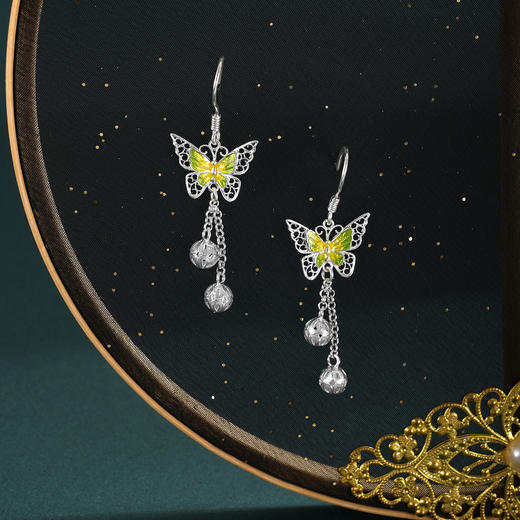 子佩集【翩翩蝶舞】S990银耳环【MXEH018】绿蝴蝶花丝珐琅彩2510 商品图1