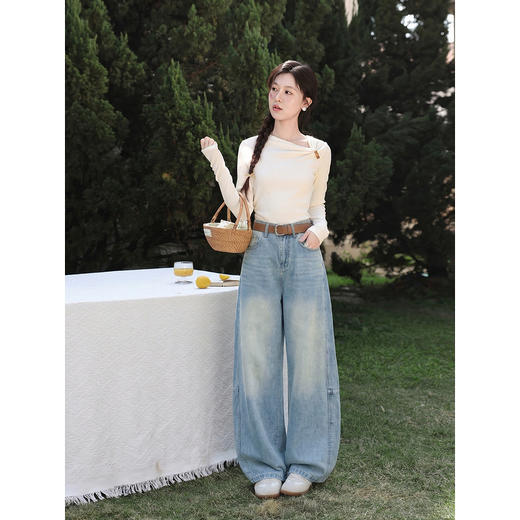 鹿向南「夏风罗曼」蓝色阔腿牛仔裤女春夏拼接高腰显瘦宽松长裤子 商品图2