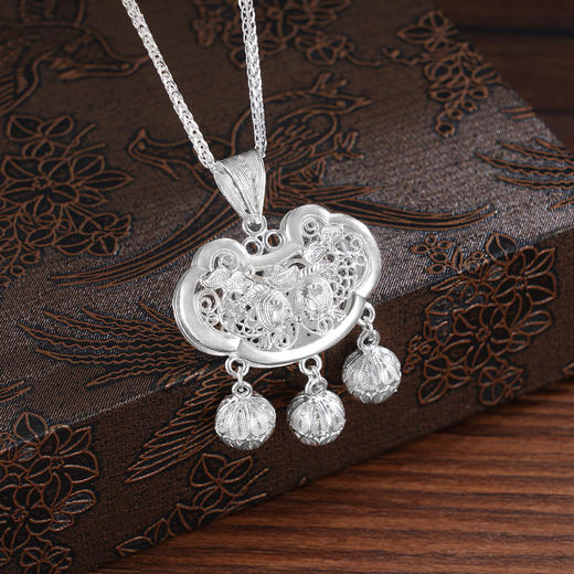 子佩集S990银【年年有余】套链【QFDZ029】儿童花丝长命锁项链2509 商品图4