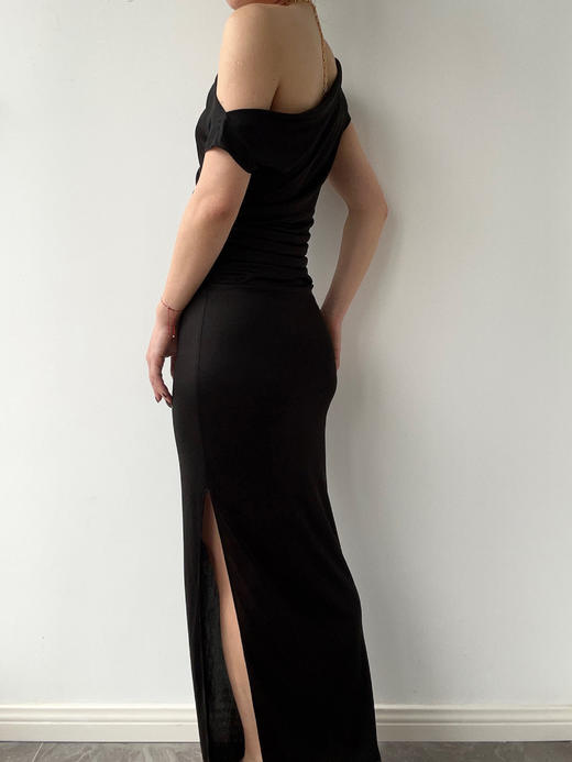 SIJIA｜SS2653 黑色醋酸斜肩短袖连衣裙 商品图8