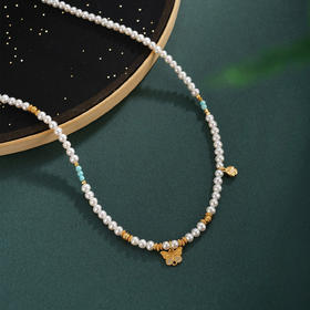 子佩集【蝴蝶之舞】银S925珍珠AOYA奥雅项链【QNX0007】3mm珠绿松石镀金蝴蝶2512