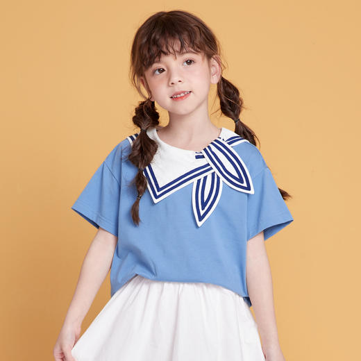 笛莎/Deesha 松饼熊2026年夏季新款童装女童时尚学院风海军领短袖T恤 商品图2