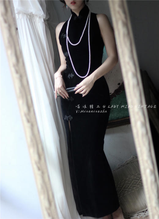 【复团定金】喵娘精工/定制/《军阀旗袍》削肩版禁欲系高级骚黑色丝绒高叉旗袍#款号1005 商品图1