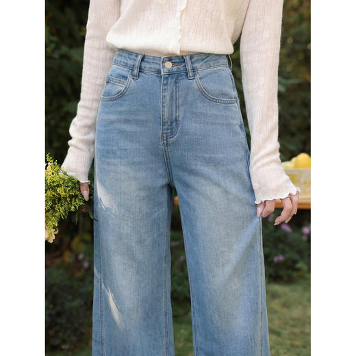 鹿向南「阔步藏海」蓝色直筒牛仔裤女夏新款修身百搭微喇高腰长裤 商品图1