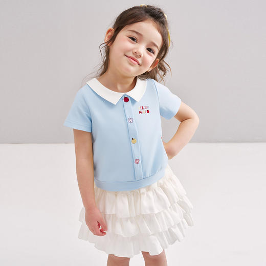 笛莎/Deesha 松饼熊2026年夏季新款童装女童甜美可爱趣味绣花翻领短袖T恤 商品图3