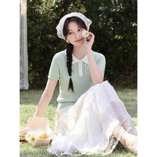 鹿向南「薄荷星缕」森系polo领T恤女夏季绿色修身短袖针织衫上衣 商品图0