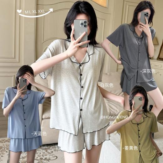 【韩系简约莫代尔睡衣】夏季薄款 带胸垫开衫木耳边短袖短裤 休闲两件套套装 商品图0