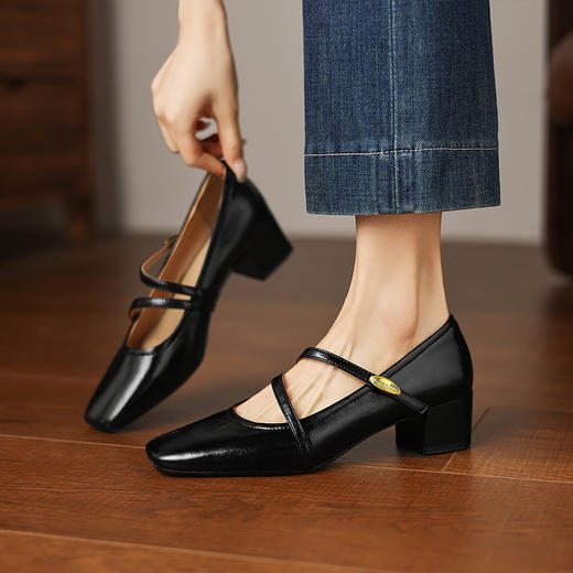 阿么手工女鞋法式粗跟玛丽珍鞋2026新款方头浅口单鞋配裙子4.2CM 商品图2