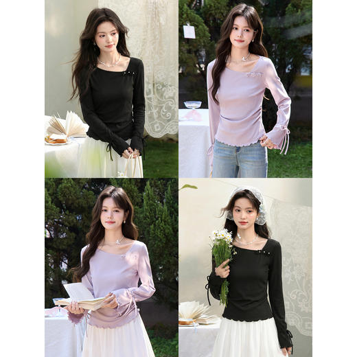 鹿向南「雾漫香榭」设计感显瘦黑色T恤女春季巨好看百搭长袖上衣 商品图3