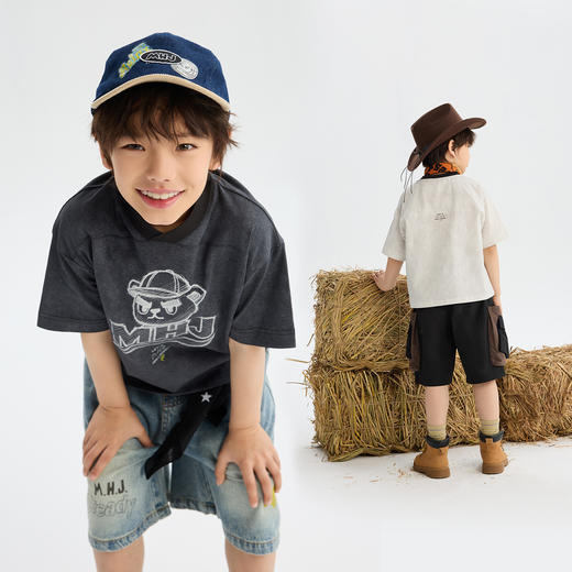 MANHOJIA【靓仔小熊T】儿童短袖T环保蜡染复古手绘印花亲肤棉T 商品图1