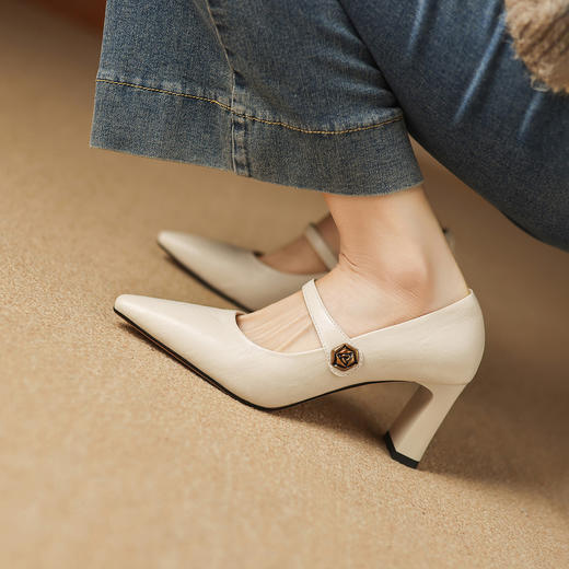 阿么手工女鞋极简风一字带高跟鞋气质高级感百搭女款真皮单鞋7CM 商品图3