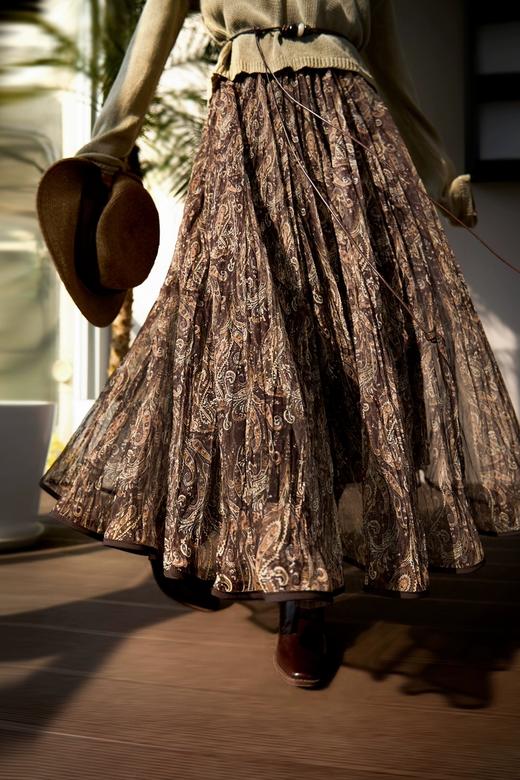 巴塞光影"流浪"伞裙度假风复古印花压褶大摆半身裙 商品图3