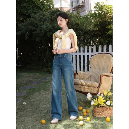 鹿向南「松叙漫行」双扣复古蓝阔腿牛仔裤女2026夏季新款百搭长裤 商品图3