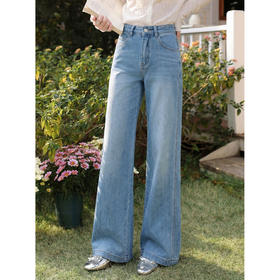 鹿向南「阔步藏海」蓝色直筒牛仔裤女夏新款修身百搭微喇高腰长裤