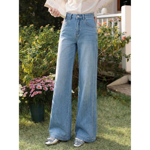 鹿向南「阔步藏海」蓝色直筒牛仔裤女夏新款修身百搭微喇高腰长裤 商品图0