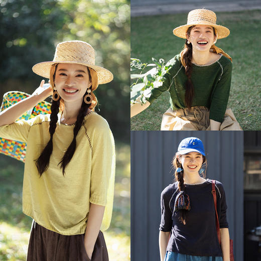 特绽133朵/描边T*夏新款亚麻宽松撞色设计插肩中袖针织短袖T恤女 商品图0