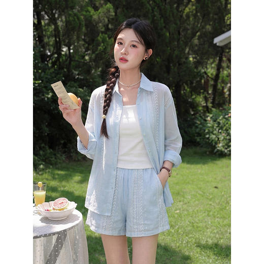 鹿向南「清氧蓝系」长袖薄款蓝色衬衫女夏季新款休闲短裤时尚套装 商品图4