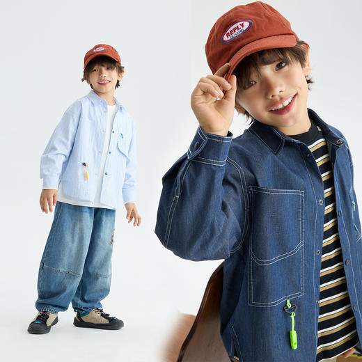 MANHOJIA【趣玩口哨衬衫】儿童衬衫复古日系学院条纹牛仔衬衫外套 商品图1