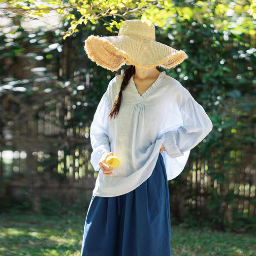 特绽放097朵/蓝天白云*21支纯亚麻木耳边v领一手长碎褶长袖衬衫女 商品图1