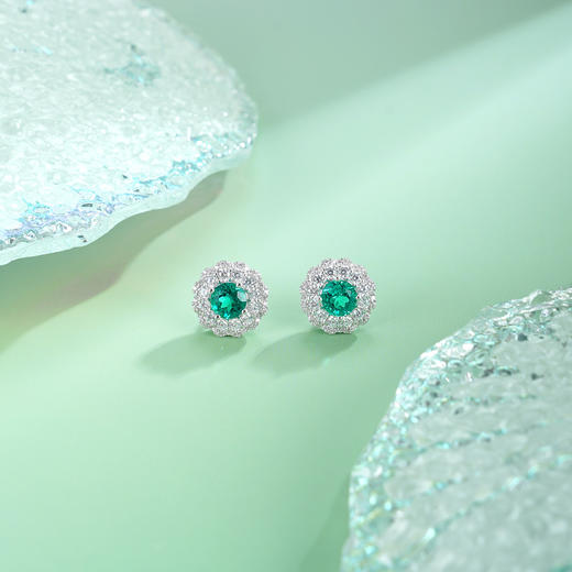 子佩集【花开一夏】S925银耳钉【EM3071-XF】培育宝石祖母绿圆太阳花2510 商品图0