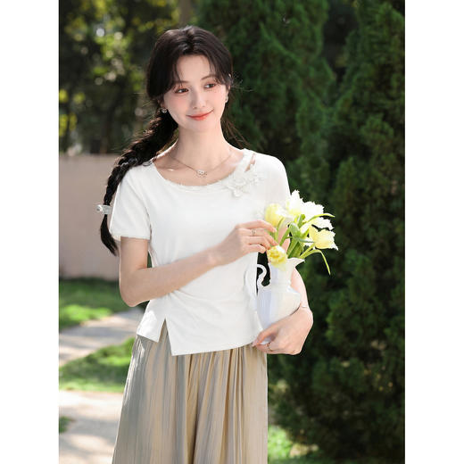 鹿向南「月露织纹」杏色短袖T恤女夏新款时尚百搭设计感显瘦上衣 商品图0