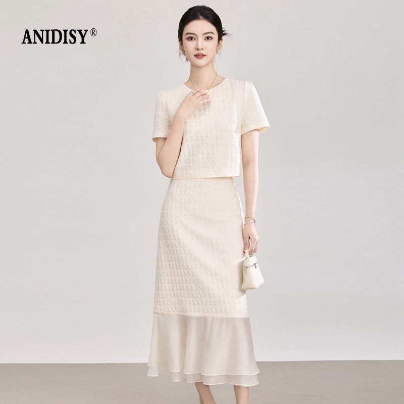 立体泡泡格圆领短袖上衣+拉链拼接欧根纱半裙套装