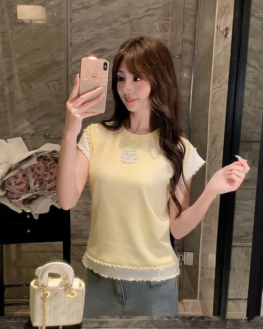 张心子【山茶栀意】圆领气质山茶花撞色花边上衣 U2603006 商品图11