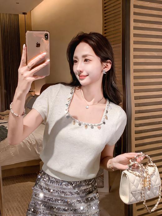 张心子【巴厘岛度假】方领显瘦度假风贝壳链条针织上衣 U2603007 商品图2