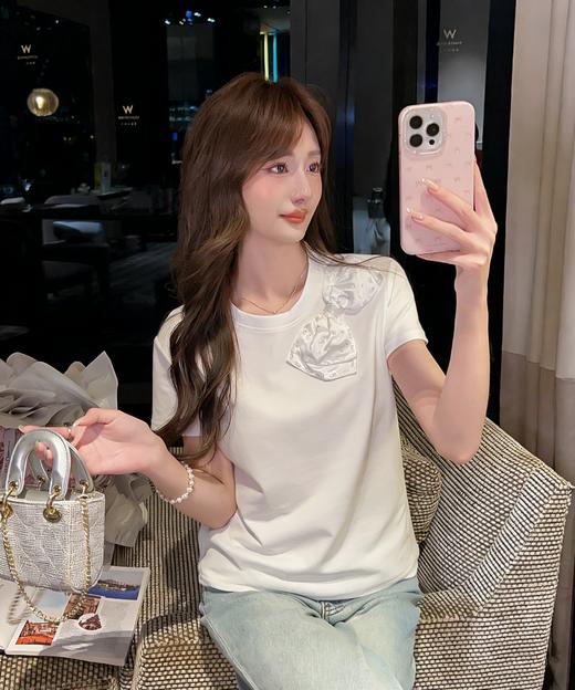 张心子【蝴蝶结日记】圆领立体蝴蝶结减龄百搭气质T恤上衣 U2603002 商品图2